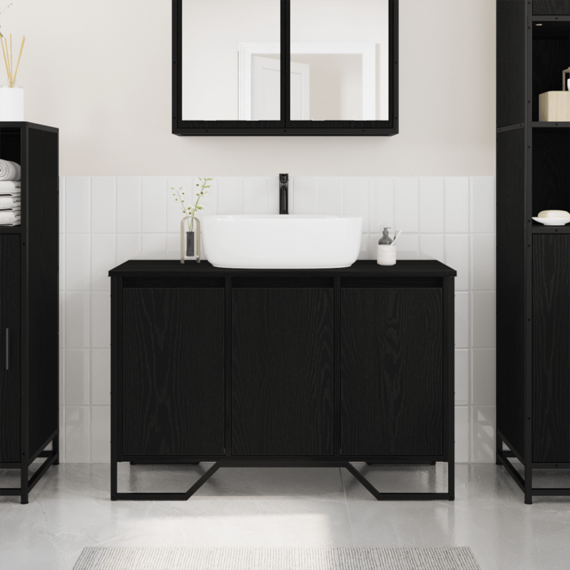 Badkamerkast – Badkamermeubel – Opbergkast – Waskast – Toiletkast – Zwarte Eiken – Compact 91x35x60 cm – MDF en Massief Hout – Wandhangend – Ruimtebesparend
