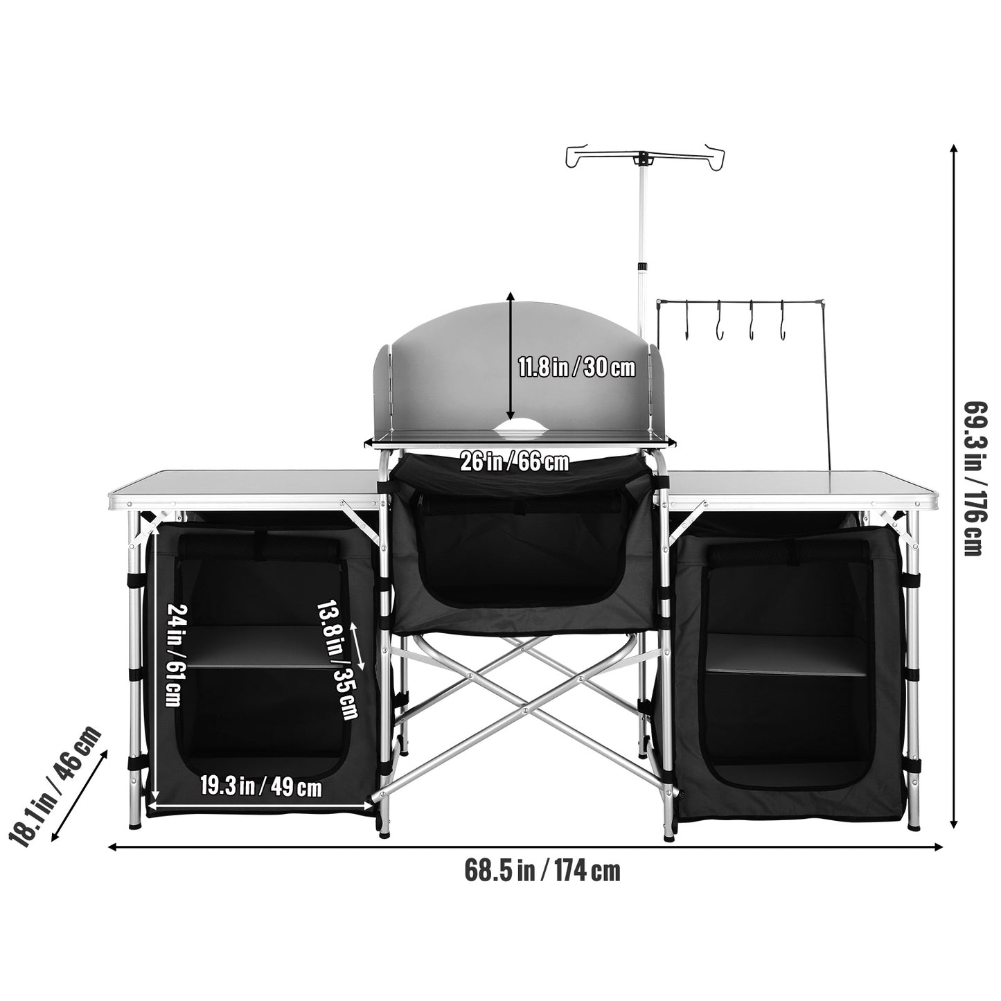 Campingkeukentafel – Outdoor Kooktafel – Inklapbare Tafel – Campingmeubel – Picknicktafel – Lichtgewicht Aluminium – 3 Opbergkastjes & Afneembaar Windscherm – Zwart