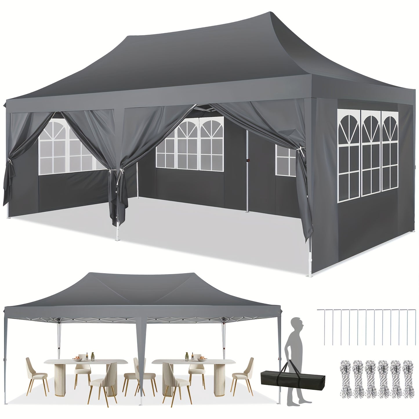 Feesttent – Partytent – Paviljoen – Tuinentent – Pop-up Tent – 3x6 Meter – 6 Afneembare Zijwanden – Hexagonaal Frame
