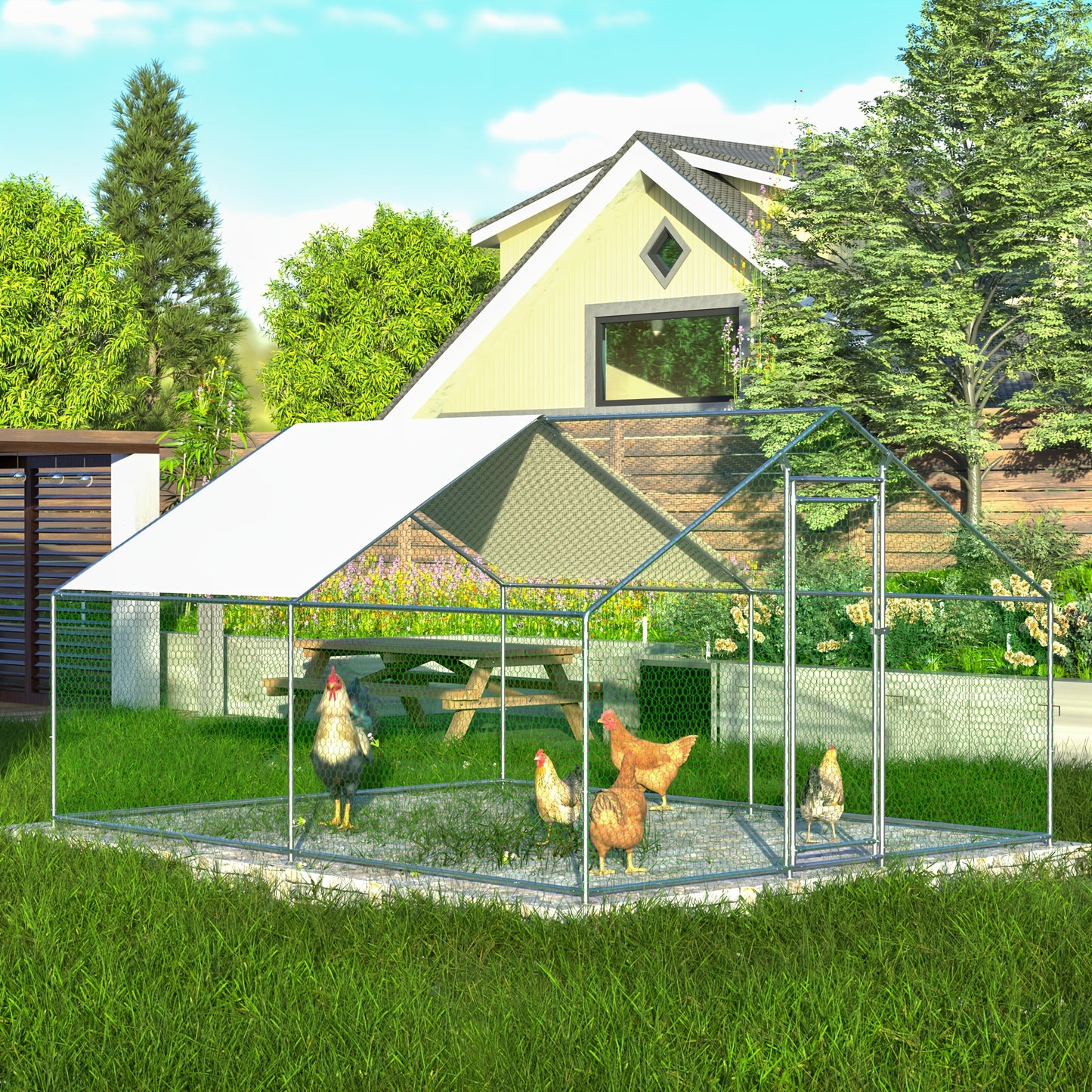 3m x 4m x 2m Outdoor Chicken Coop with Safety Lock and Waterproof PE Fabric, Metal Material, Suitable for Chickens, Rabbits, and Other Small Animals