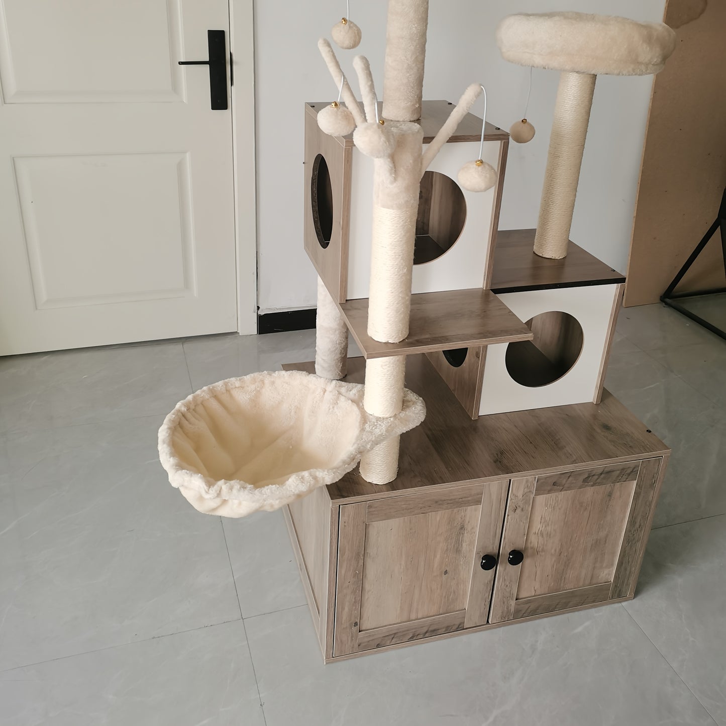 Kattenboom – Kattenhuis – Krabpaal – Kattenmeubel – Klimpaal – Verborgen Kattenbak – Stevige Houten Constructie – Ruimtebesparend & Modern Grijs