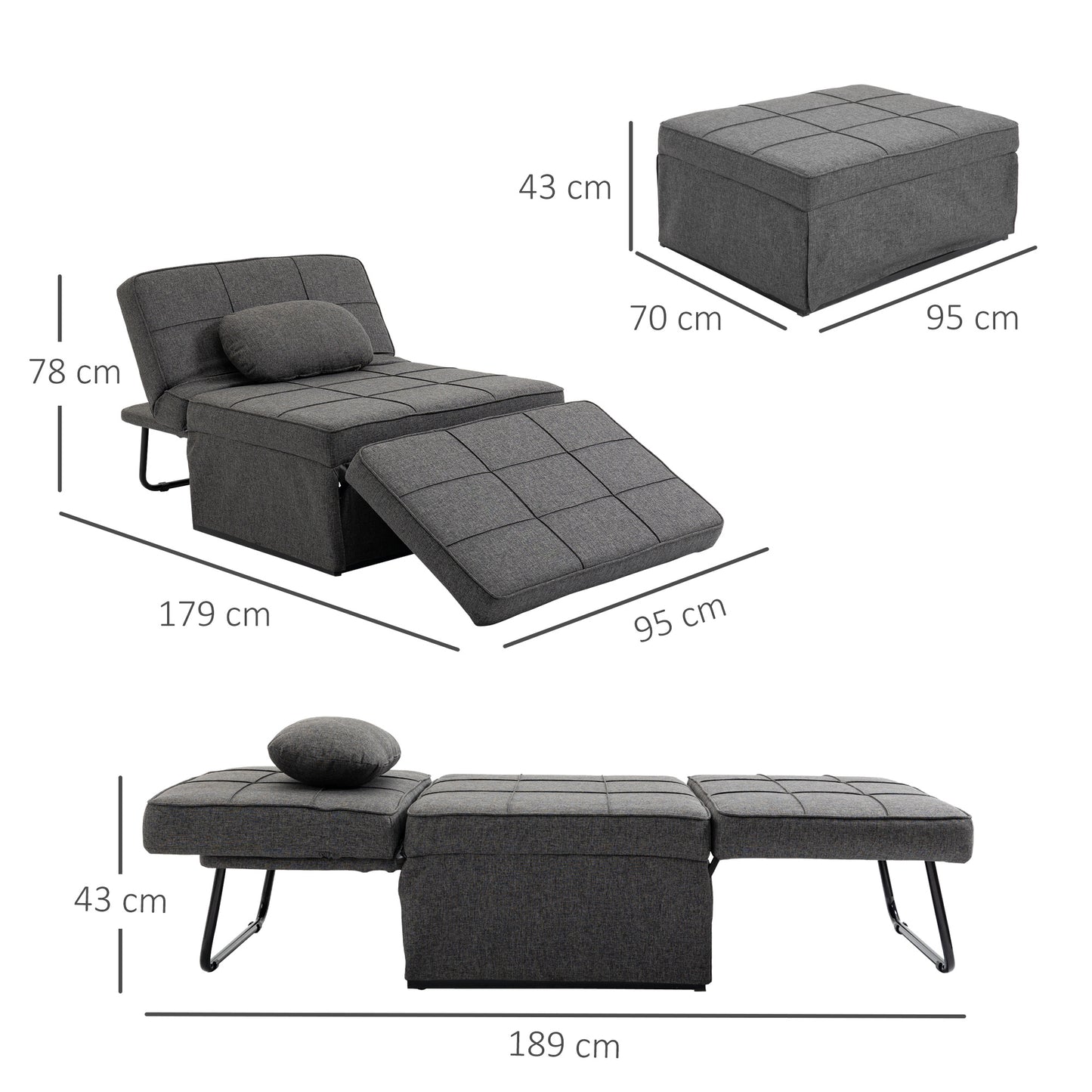 Chaise Longue – Fauteuil – Poef – Loungestoel – Slaapstoel – Verstelbare Rugleuning 5 Standen – Inklapbare Voetensteun – Metalen Frame – Linnen Bekleding – Grijs