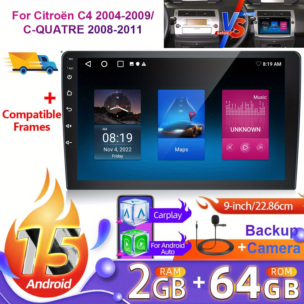 Android 15 Autoradio – Car Stereo – Multimedia Systeem – Double DIN Radio – Navigatiesysteem – 9 Inch Touchscreen – Draadloos CarPlay & Android Auto – Ingebouwde Achteruitrijcamera
