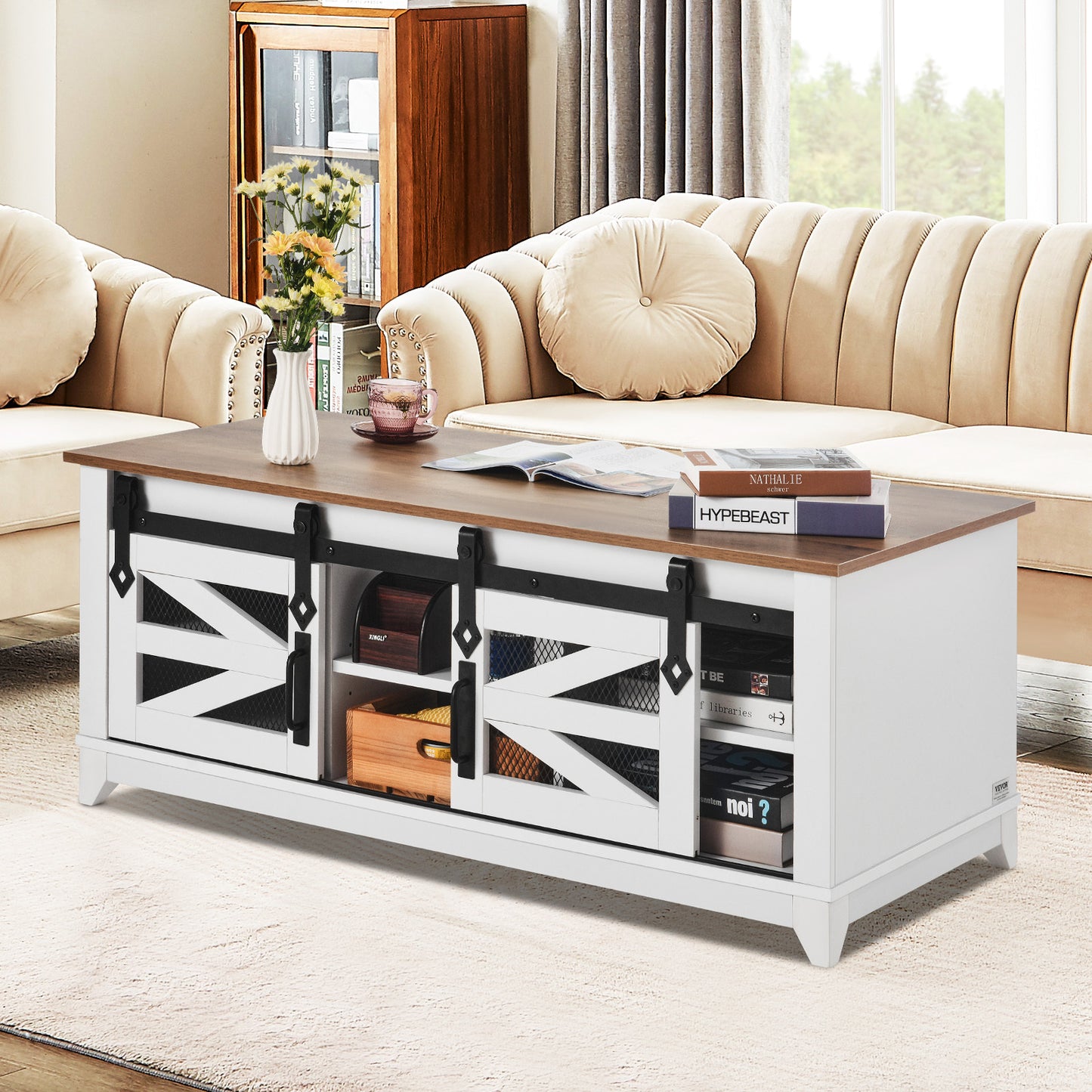 Salontafel – Koffietafel – Woonkamertafel – Bijzettafel – Tafel – 48 inch – Dubbel Blad Met Opbergruimte – Schuifdeuren Met Metalen Mesh
