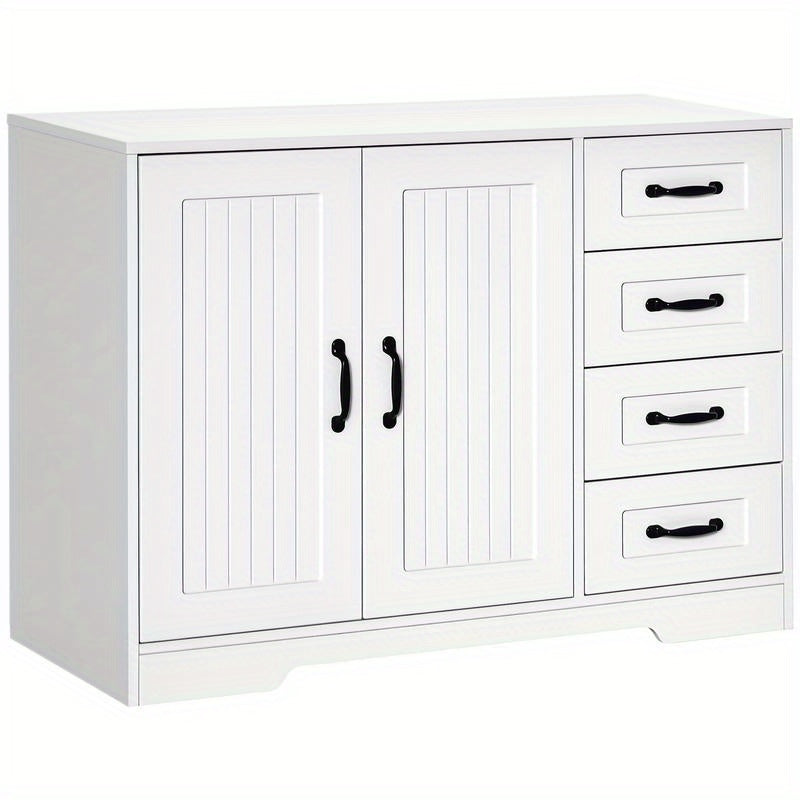 Modern White Sideboard Cabinet with 4 Drawers & Storage Door - Heavy-Duty Hardwood Construction, Contemporary Minimalist Design with Black Knobs, Space-Saving Vertical Storage for Living Room, Hallway, Small Spaces - Easy Ass