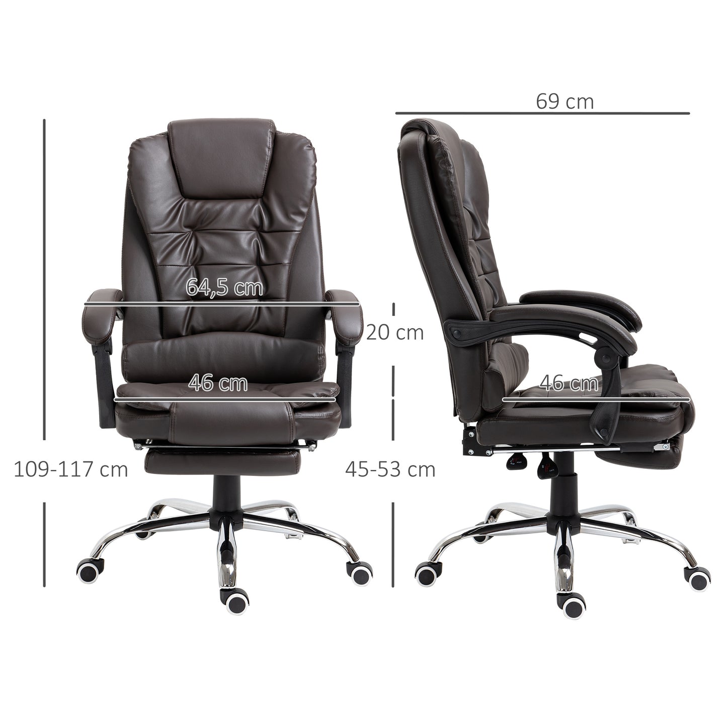 Bureaustoel – Kantinestoel – Werkstoel – Directiestoel – Managerstoel – Verstelbare Rugleuning – Met Wielen – Coffee Kleur – PU Bekleding – Afmetingen 64,5x69x117 cm