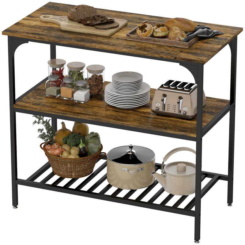 3-Tier Heavy-Duty Kitchen Shelf with Steel Frame & Wood Shelves - Rustic Black Finish, Space-Saving Vertical Storage Cabinet Organizer with Lower Shelf, Sturdy Countertop/Bathroom/Office Shelf, Easy Assembly, Modern Farmhouse