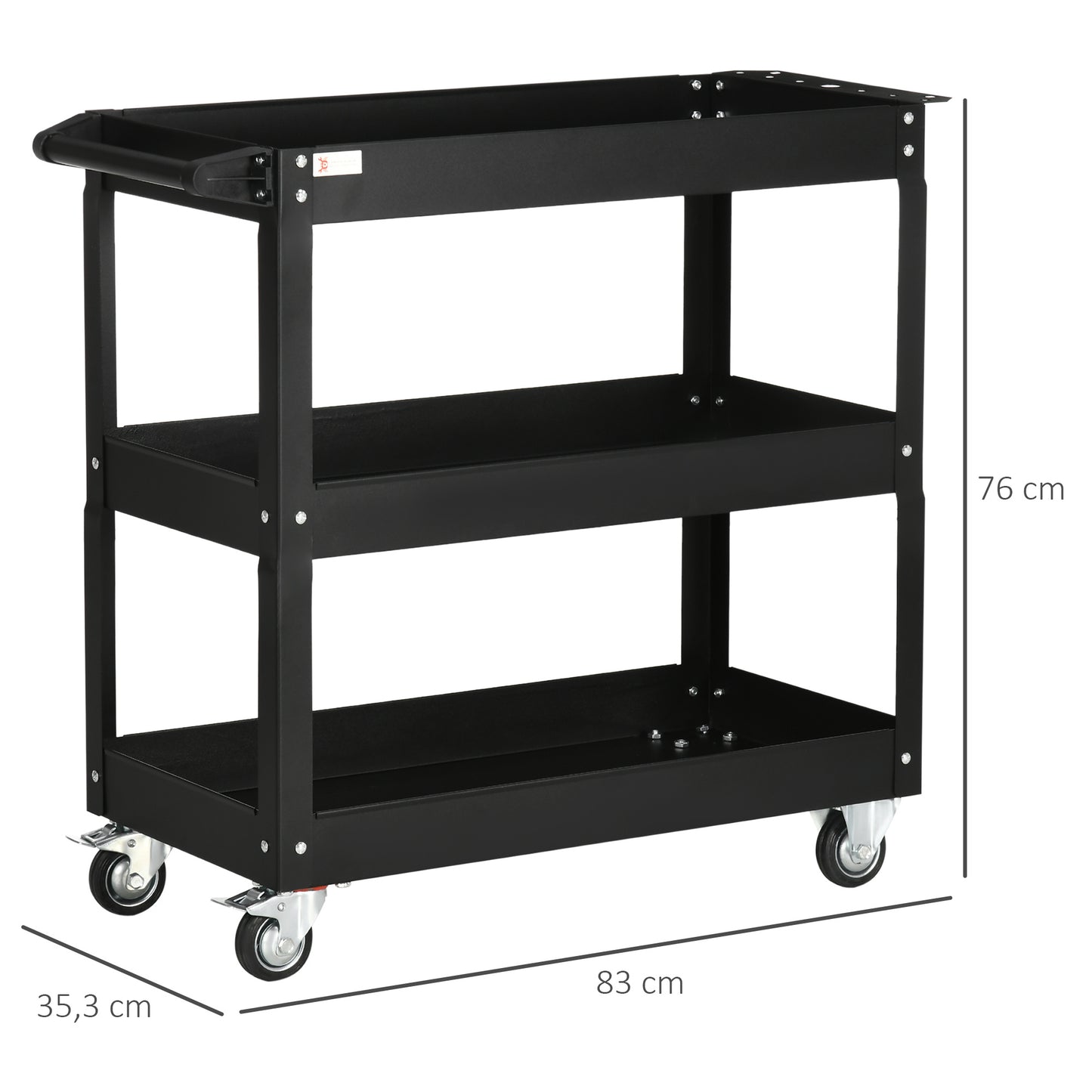 Werkplaatswagen – Gereedschapswagen – Werkbankwagen – Trolley – Opbergrek – Stalen 3-Planken Karren – Max. Belastbaar 150 Kg – Zwart Met Handvat Op Wielen 83x35,3x76 cm