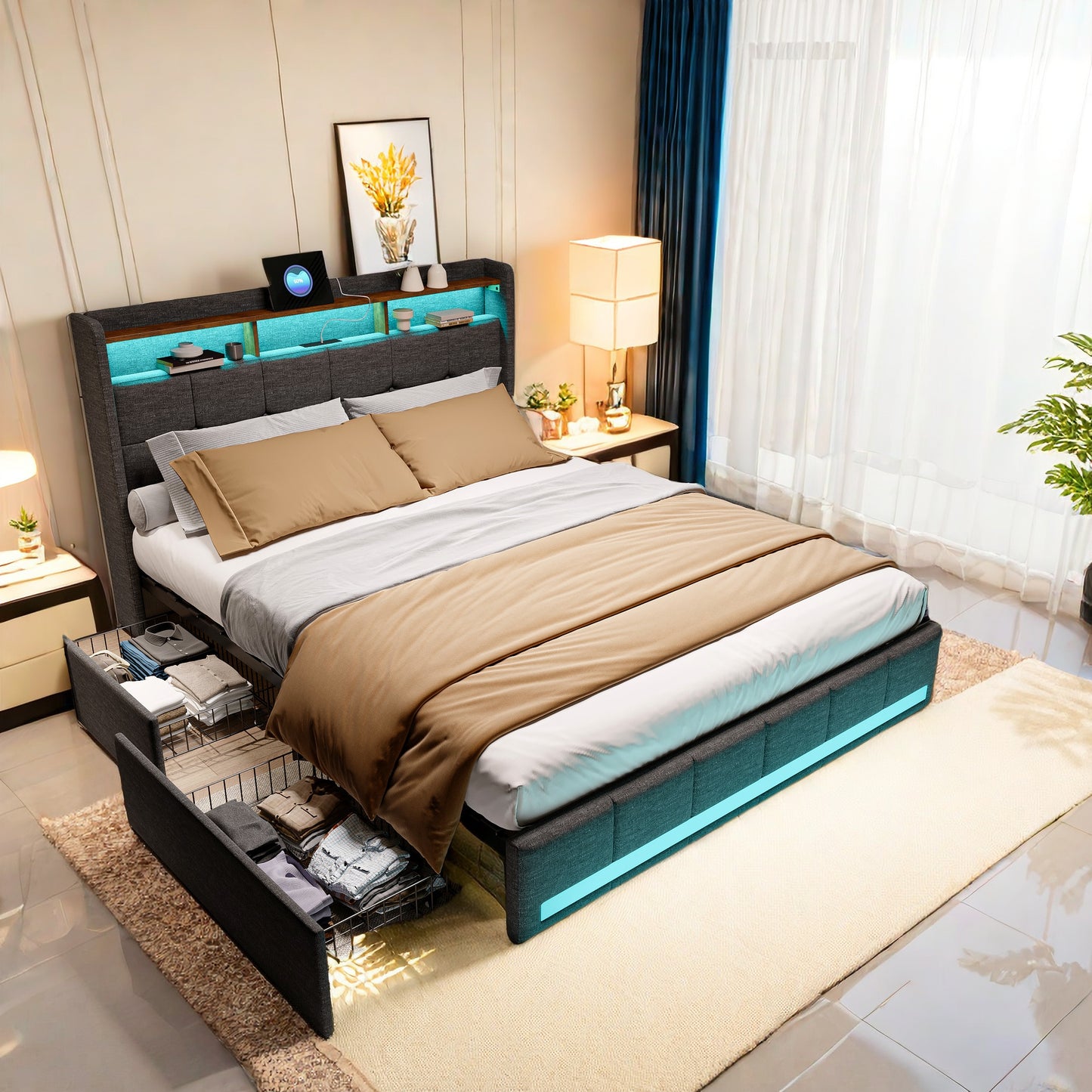 Tweepersoonsbed – Bedframe – Opbergbed – Bed Met Lades – Led Bed – 160x200 cm – Linnen Bekleding – Usb Oplaadpoort