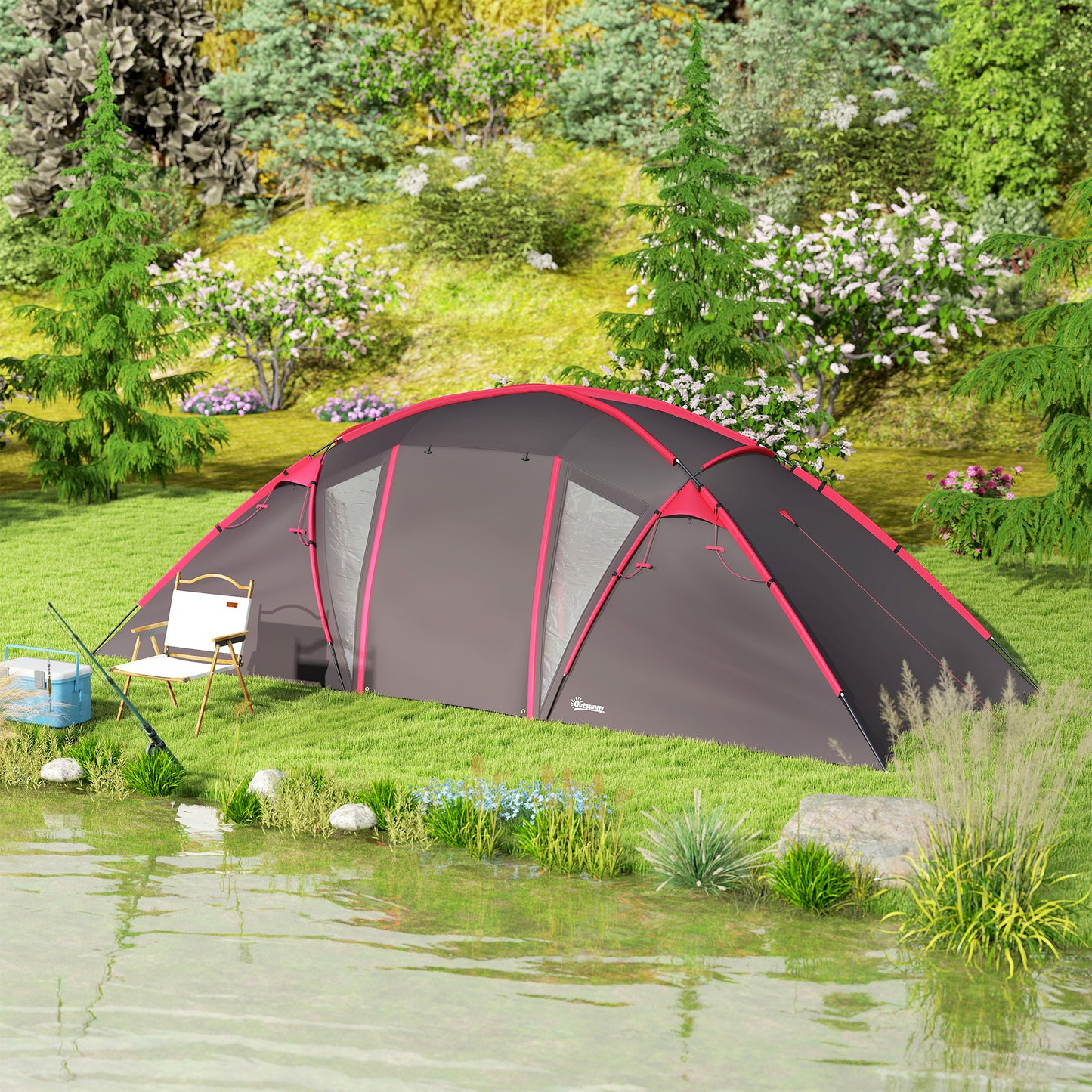 Tunneltent – Campingtent – Familietent – Kampeertent – Outdoor Tent – Voor 4-6 Personen – Drie Aparte Kamers – Dubbelen Deuren – Lichtgrijs