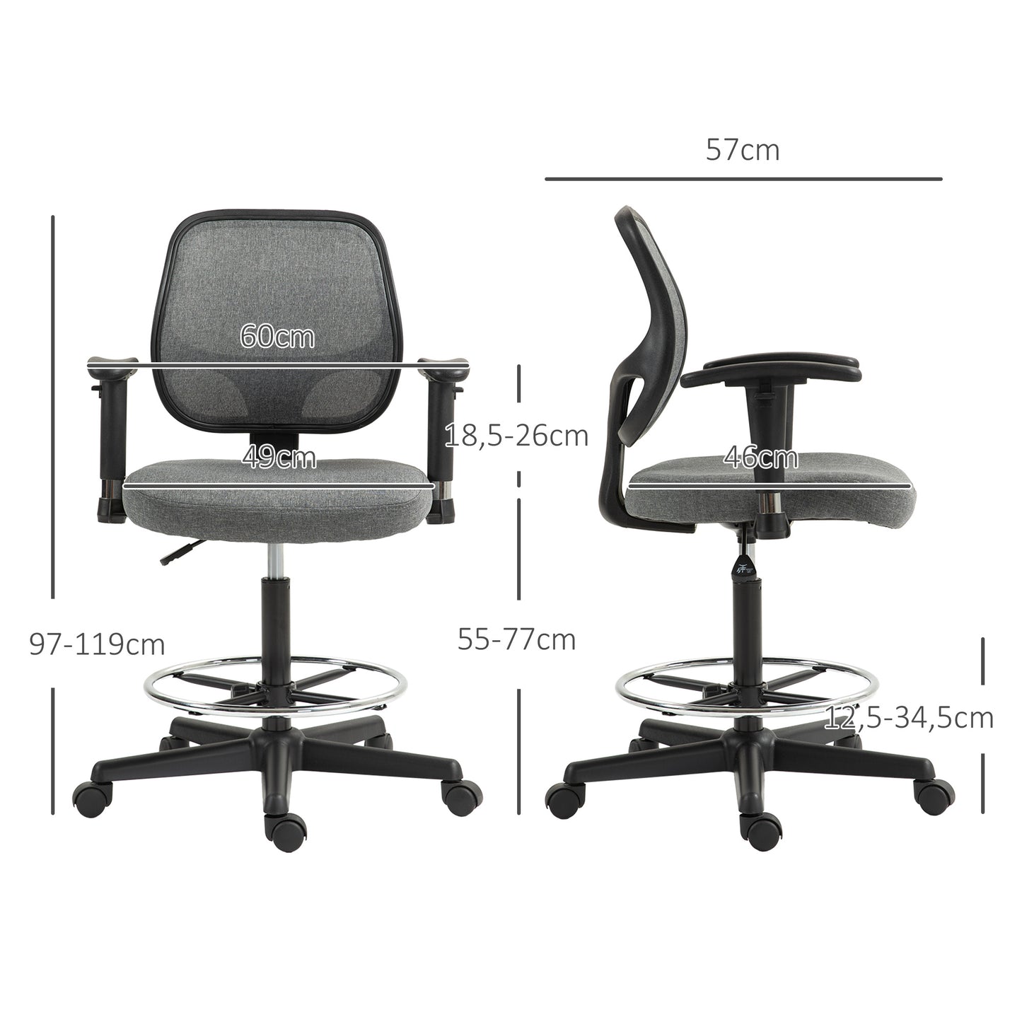Bureaustoel – Werkstoel – Kantoorstoel – Hoogte Verstelbare Stoel – Ergonomische Stoel – Verstelbare Armleuningen – Praktische Voetsteun – Grijs – Metalen Frame – Zithoogte 55-77 cm
