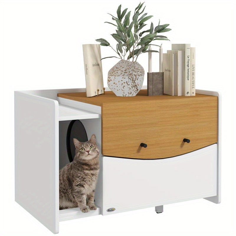 All-in-One Kattenbak – Kattenbak Met Bed – Kattenbakkombinatie – Kattenhuisje – Kattenmeubel – Ruimtebesparend Ontwerp – Wit Met Eikenhoutlook – 78x50x51 cm – Duurzaam PVC & PC – Scharnierend Deurtje