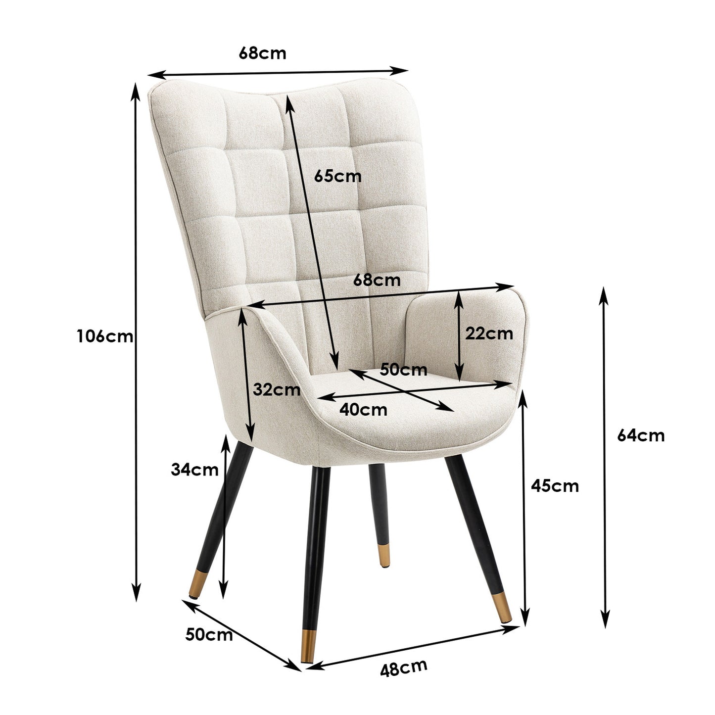 Fauteuil – Loungestoel – Relaxstoel – Nordic Chair – Leesstoel – Beige Stoffering – Zachte Gewatteerde Zitting & Armleuningen – Zwart-Gouden Metalen Poten – 71x66x106 cm