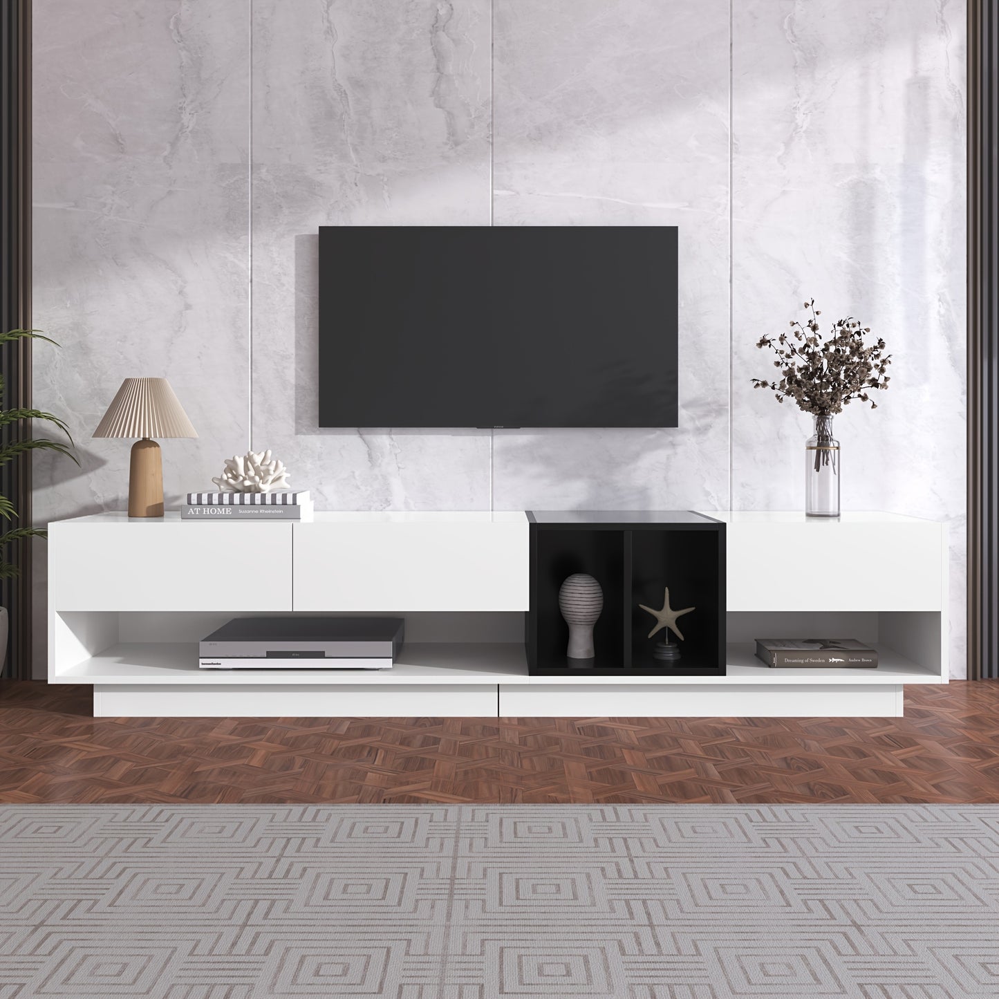 TV Meubel – TV Kast – TV Dressoir – RTV Kast – Mediameubel – Strak Design – Hoogglans Zwart Wit – 190x40x34 cm – Laag Profiel Met Veel Opbergruimte