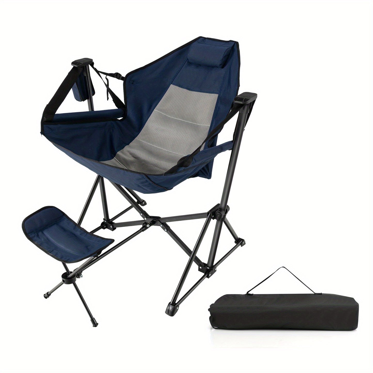 Campingstoel – Vouwstoel – Kampeerstoel – Visstoel – Strandstoel – Verstelbare Rugleuning – Uitschuifbare Voetensteun – Gevoerd Hoofdkussen – Roestvrij Metalen Frame – Navy Blauw