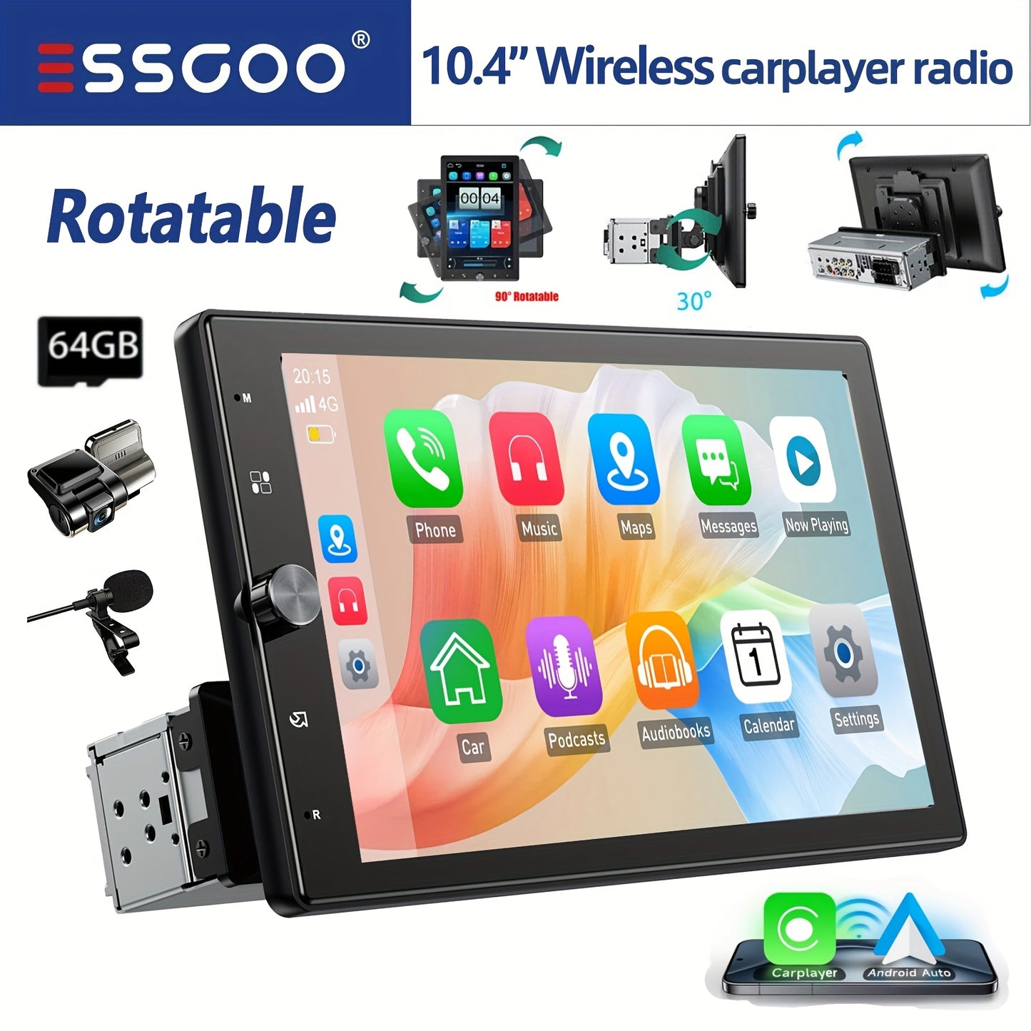 1DIN Autoradio – Auto Stereo – Multimedia Speler – Inbouw Radio – Draaibaar Scherm – 10,4 Inch IPS Touchscreen – Draadloze Carplay & Android Auto