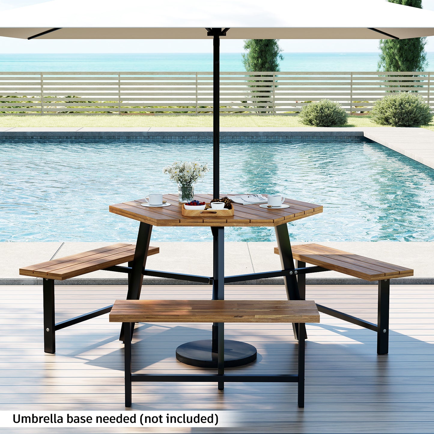 Picknicktafel – Biertafel – Tuintafel – Picknickbank – Buitenbank – Acaciahout – Met Metalen Frame – Parasolhouder – 6 Personen