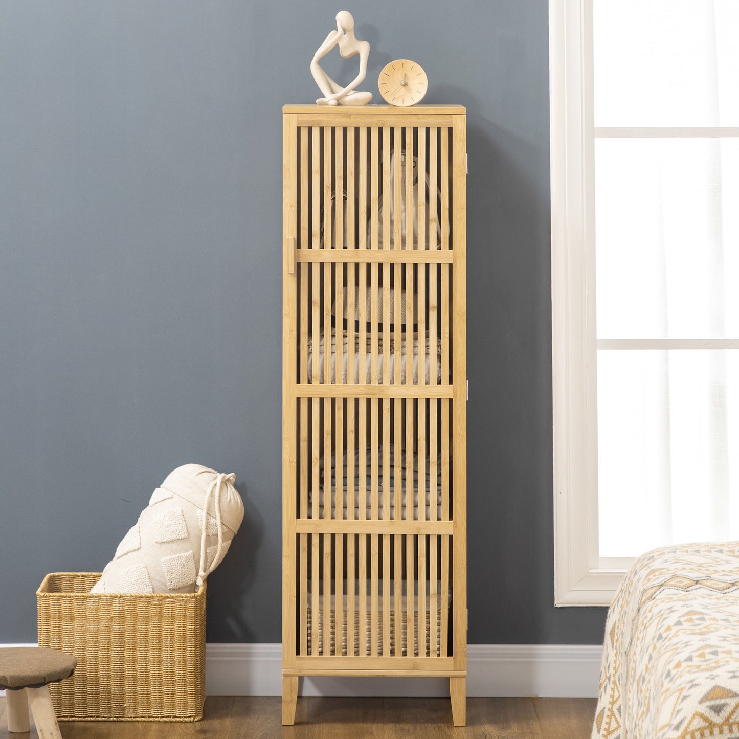 Bamboekast – Opbergkast – Badkamerkast – Boekenkast – Ladekast – Natuurmateriaal Bamboe – 4 Niveaus Met Latten Deuren – Compact 40x30x140 cm