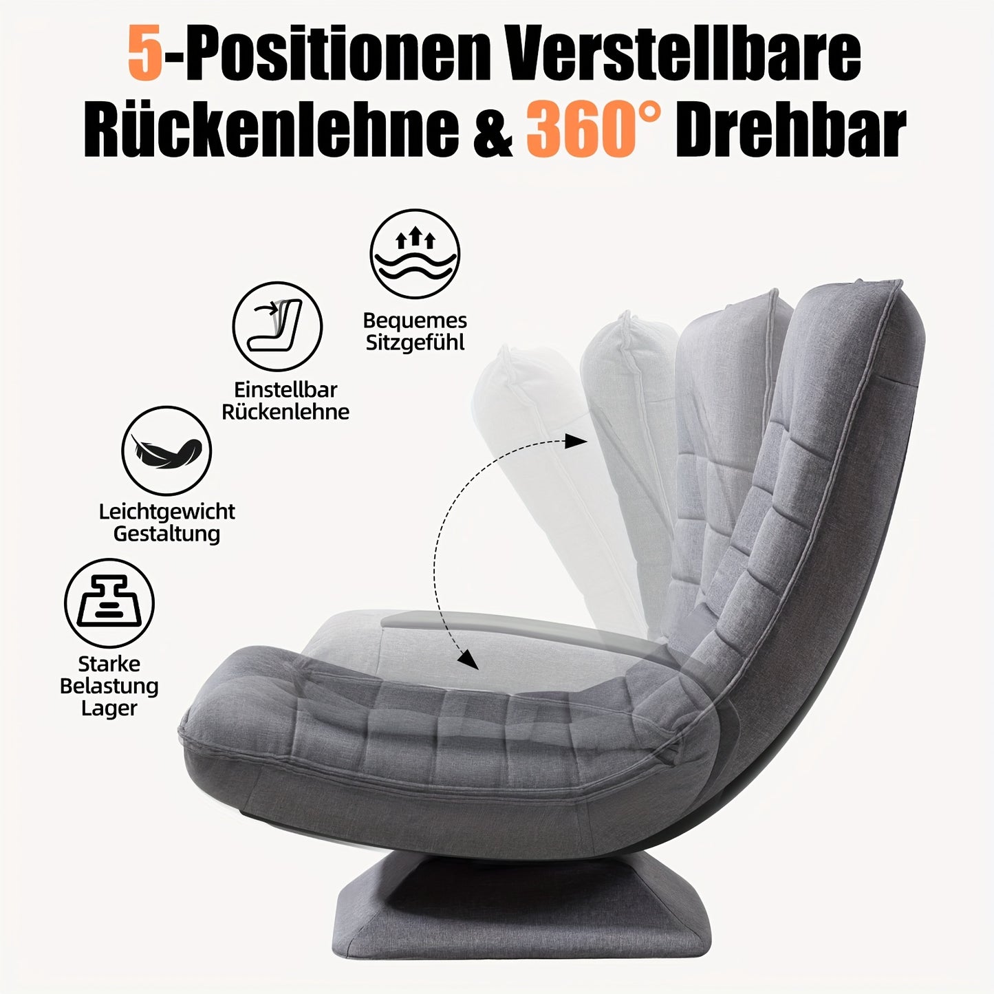 Relaxstoel – Fauteuil – Loungestoel – Draaifauteuil – Relaxfauteuil – Verstelbaar 5-standen – 360° Draaibaar – Zwart – Comfortabele Katoen Bekleding – Handmatig Verstelbaar Zonder Stroom