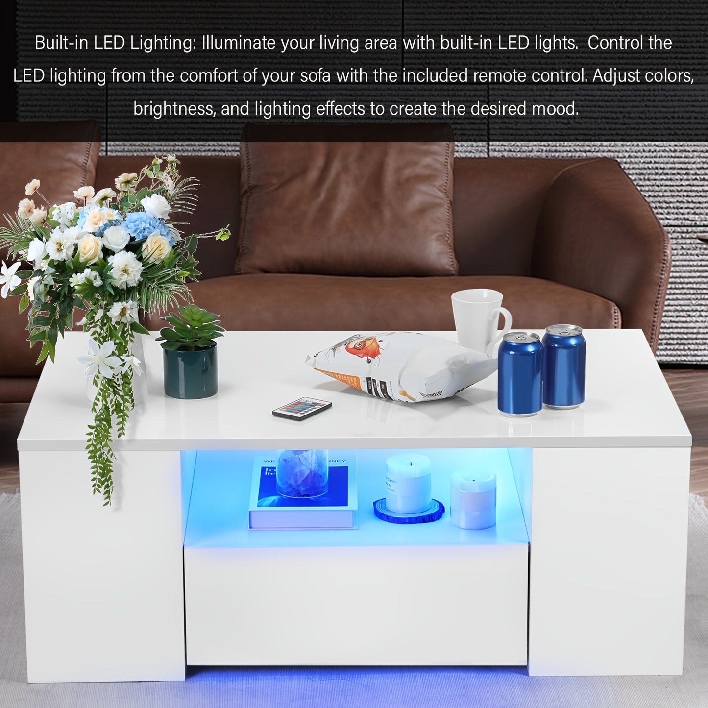 Salontafel – Koffietafel – Bijzettafel – Woonkamertafel – Tafel – Wit – Blauwe LED-verlichting – UV-hoogglans MDF met 2 lades
