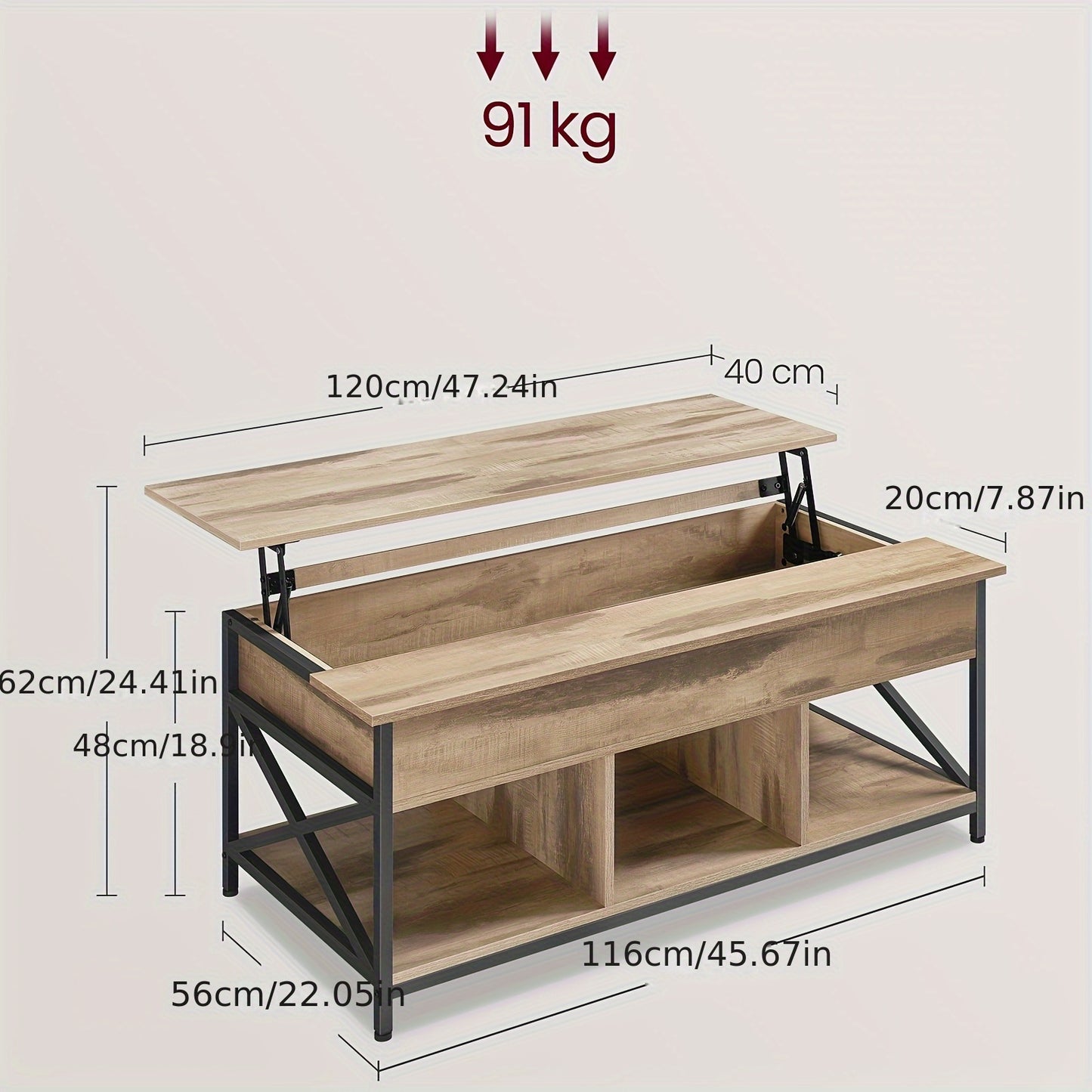 Lift-Top Salontafel – Koffietafel – Multifunctionele Tafel – Opbergtafel – Verstelbare Tafel – Massief Hout Camelbruin – Verhoogbaar Tafelblad 48-62 cm – Stevige X-Vormige Stalen Steun
