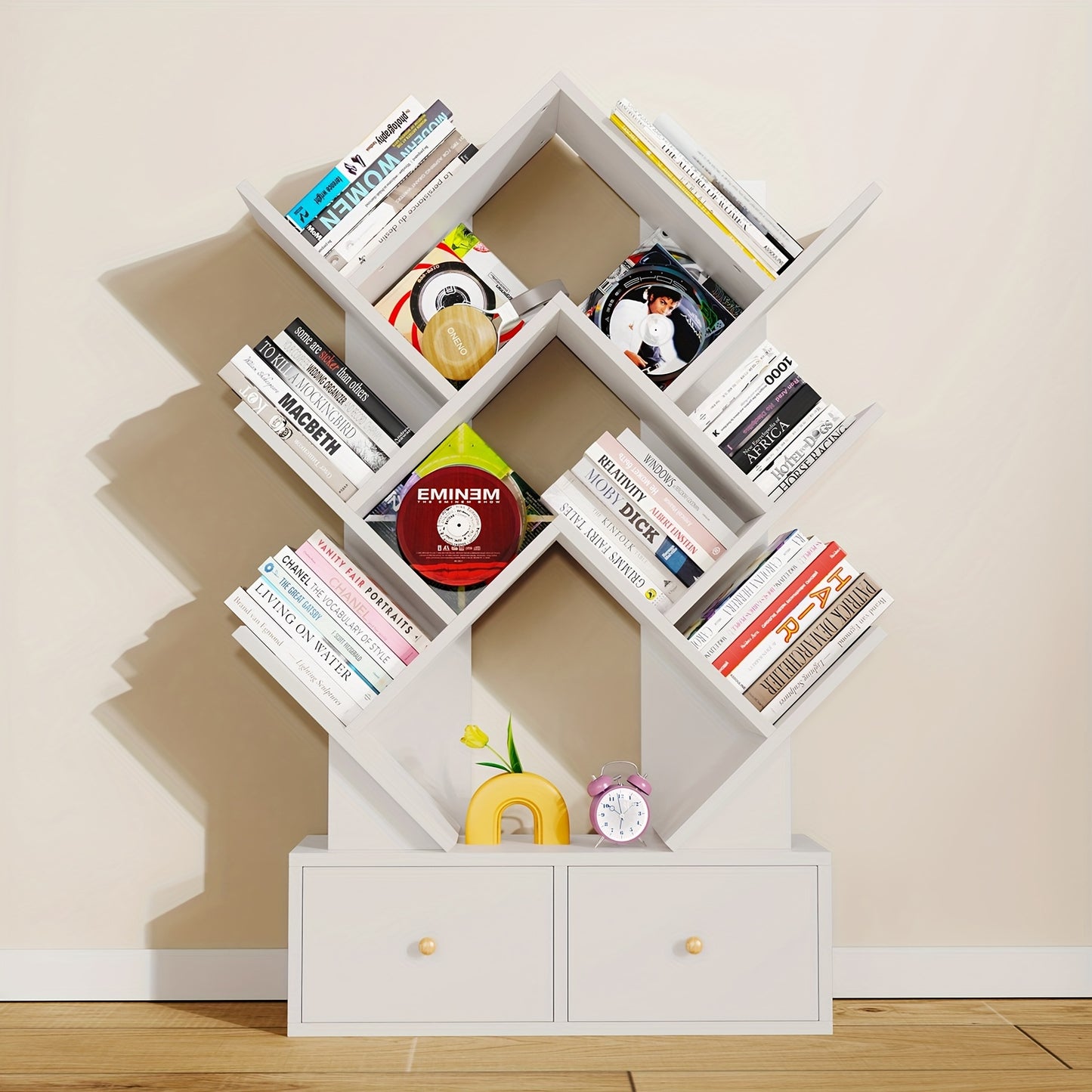 Boomvormige Boekenkast – Boekplank – Opbergkast – Wandrek – Boekenkast Met Lades – Wit Hout – Compact 60x20x100 cm – Vrijstaand & Duurzaam