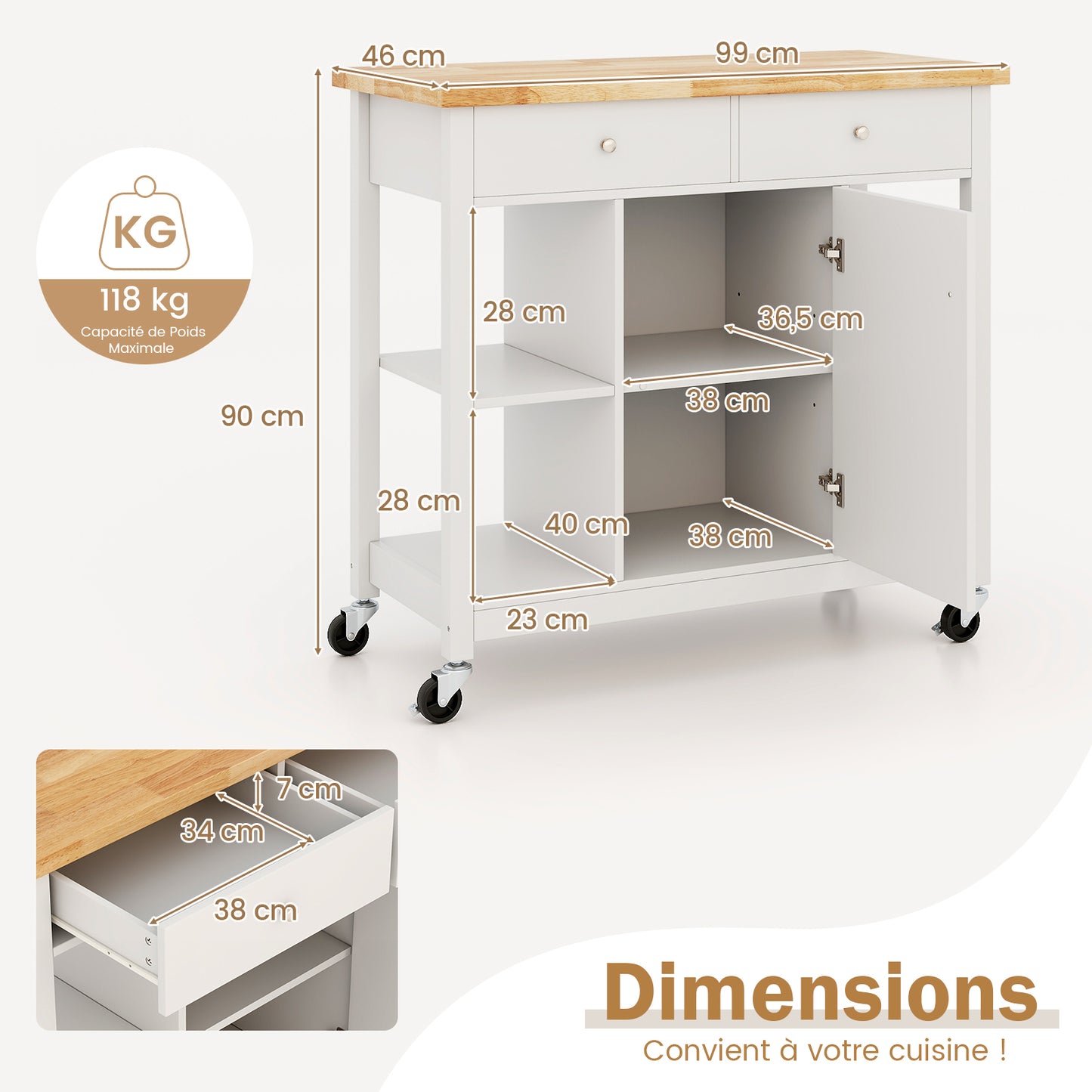 Mobiele Keukentrolley – Keukenwagen – Opbergwagen – Serveerwagen – Keukenkar – Verstelbare Plank – Duurzaam Rubberhout – 4 Zwenkwieltjes Met Rem