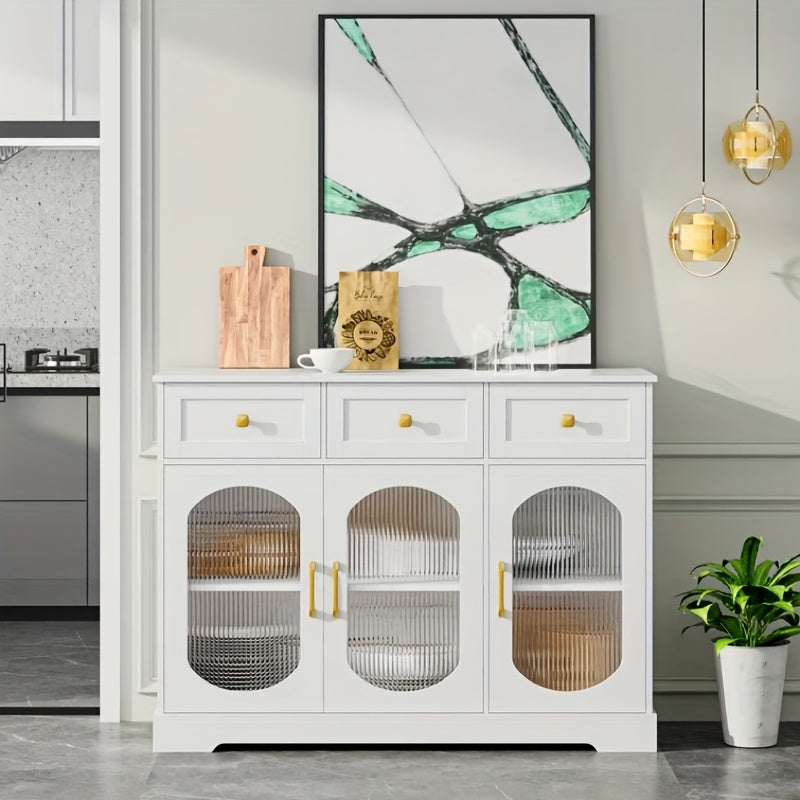 Dressoir – Buffetkast – Opbergkast – Kast – Tv-meubel – Modern Wit – 3 Lades & 3 Glazen Deuren – Verstelbare Planken & Gouden Handgrepen – Spaanplaat – 120x89,7x39,8 cm