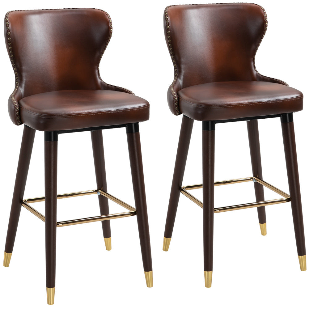 Barstoel – Barkruk – Barstoelen – Keukenstoel – Counterstoel – Set Van 2 – PU Bruin – Met Rugleuning En Voetensteun – Metalen Poten Met Gouden Afwerking – Compact Ontwerp 52x53x101 cm
