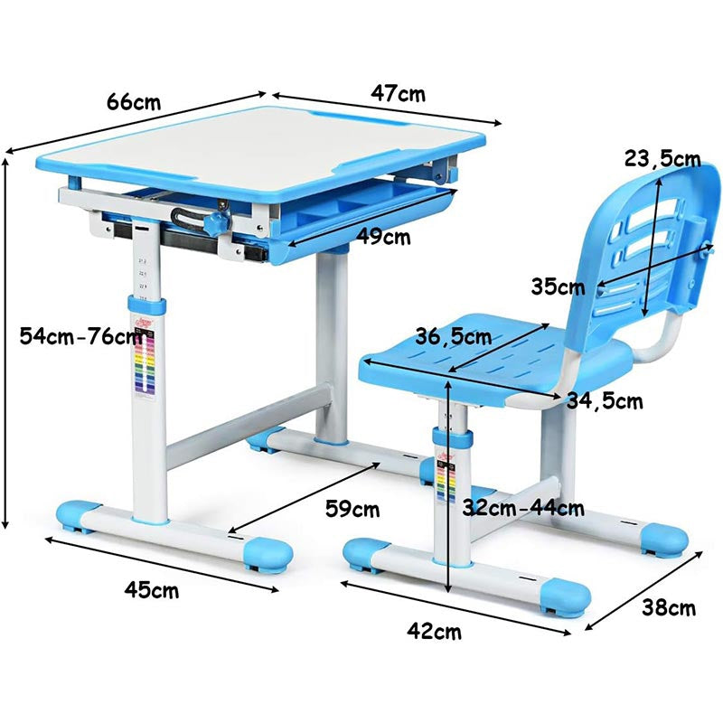 Kinderbureau – Kindertafel – Tekentafel – Schoolbureau – Kinderwerkplek – Hoogteverstelbaar – Incl. Lade en Haak – Blauw – PP en Metaal