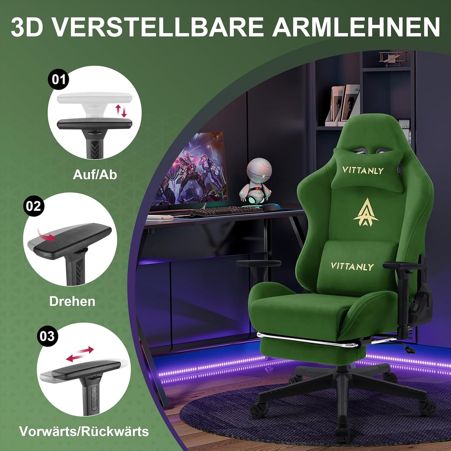 Gamingstoel – Bureaustoel – Gamestoel – Ergonomische Stoel – Werkstoel – Imitatiesuède Bekleding – Verstelbare 3D-Armleuningen – Uittrekbare Voetensteun – Groen