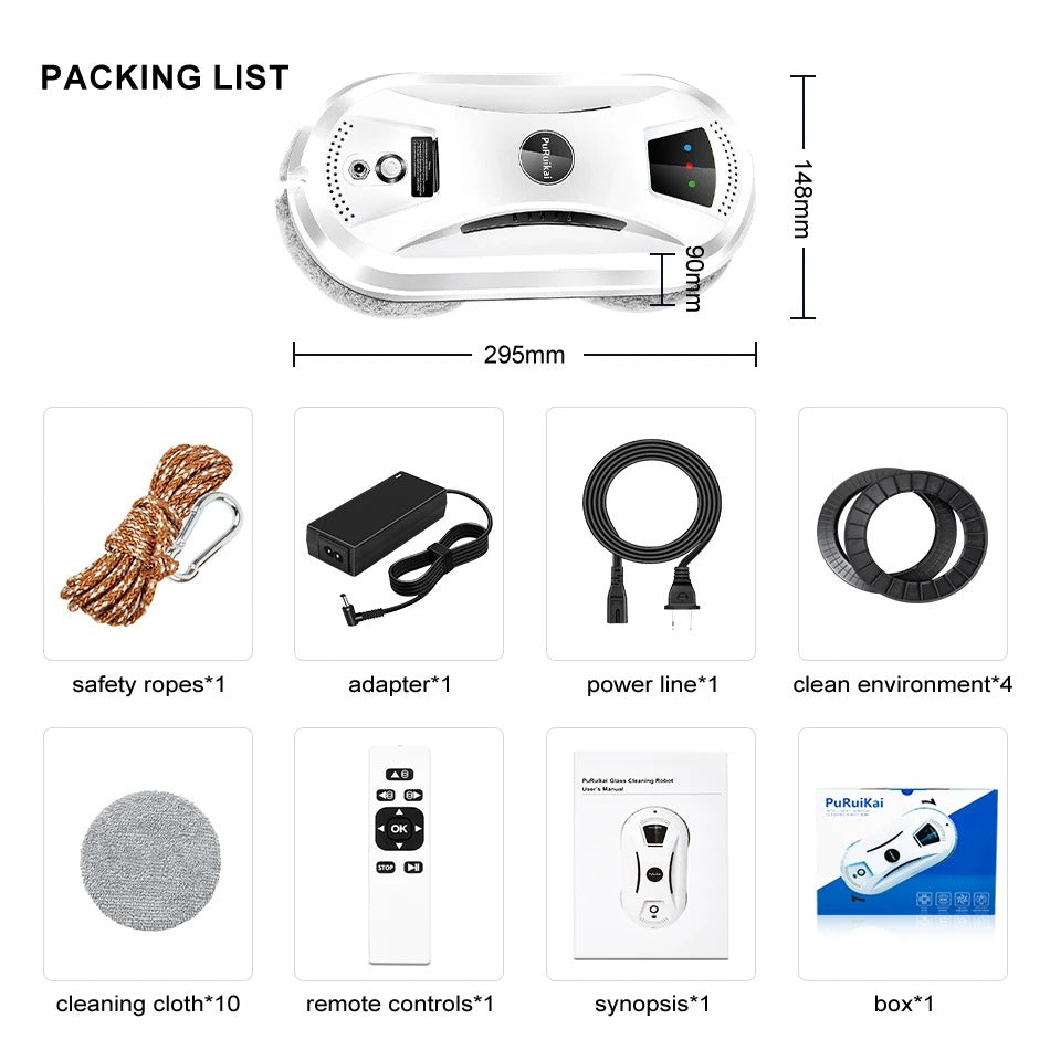 PuRuiKai - Robot Window Cleaner - Electric Glass Cleaner with Remote Control for Home - <800W - 240V - Cord Length 5M - White