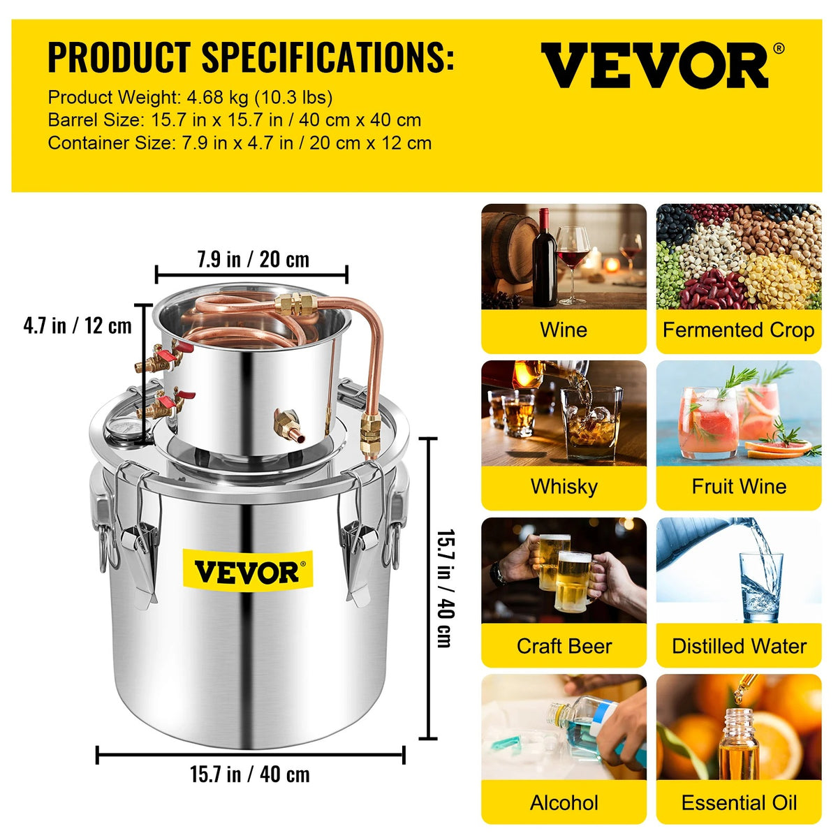 Vevor - Waterdestilleerder - DIY Moonshine-apparatuur - Alcoholwaterdestilleerder - 50L - Brouwmachine voor whisky, wijn, bier - Roestvrij staal - Zilver - QUORE