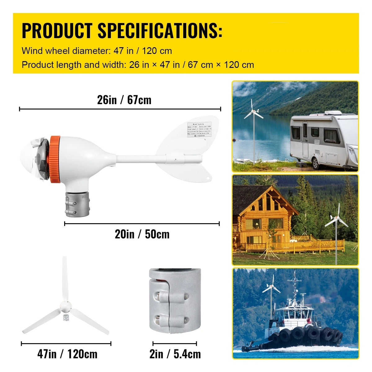 Windturbine - Windmolen Generator - Windturbine Generator – Windenergie - Wind Turbine - 12V - 24A - 900RPM - 400W - 3 Nylonvezel Blades - Wit - QUORE