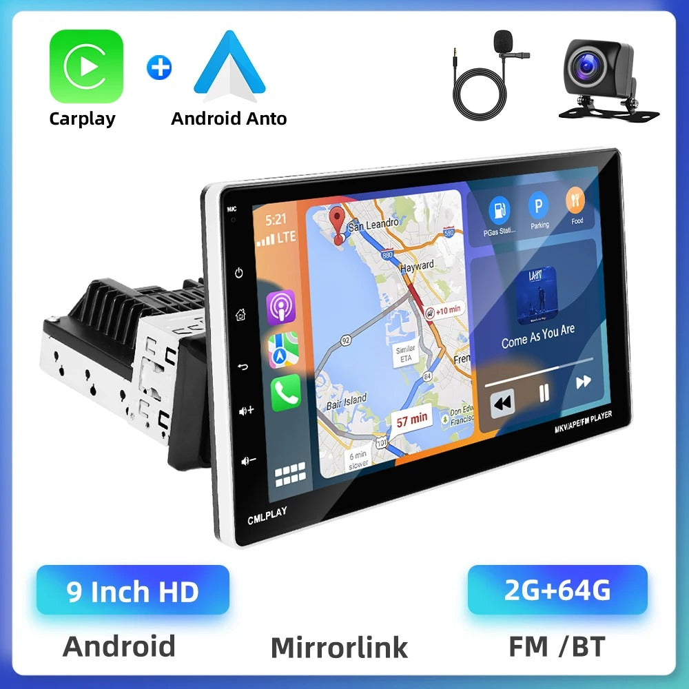 Podofo - Auto Multimedia Speler - 9inch - 1Din - 2GB - 64GB - AHD - Carplay Scherm - Touchscreen - GPS-navigatie - WIFI - Bluetooth - FM/RDS - Autoradio