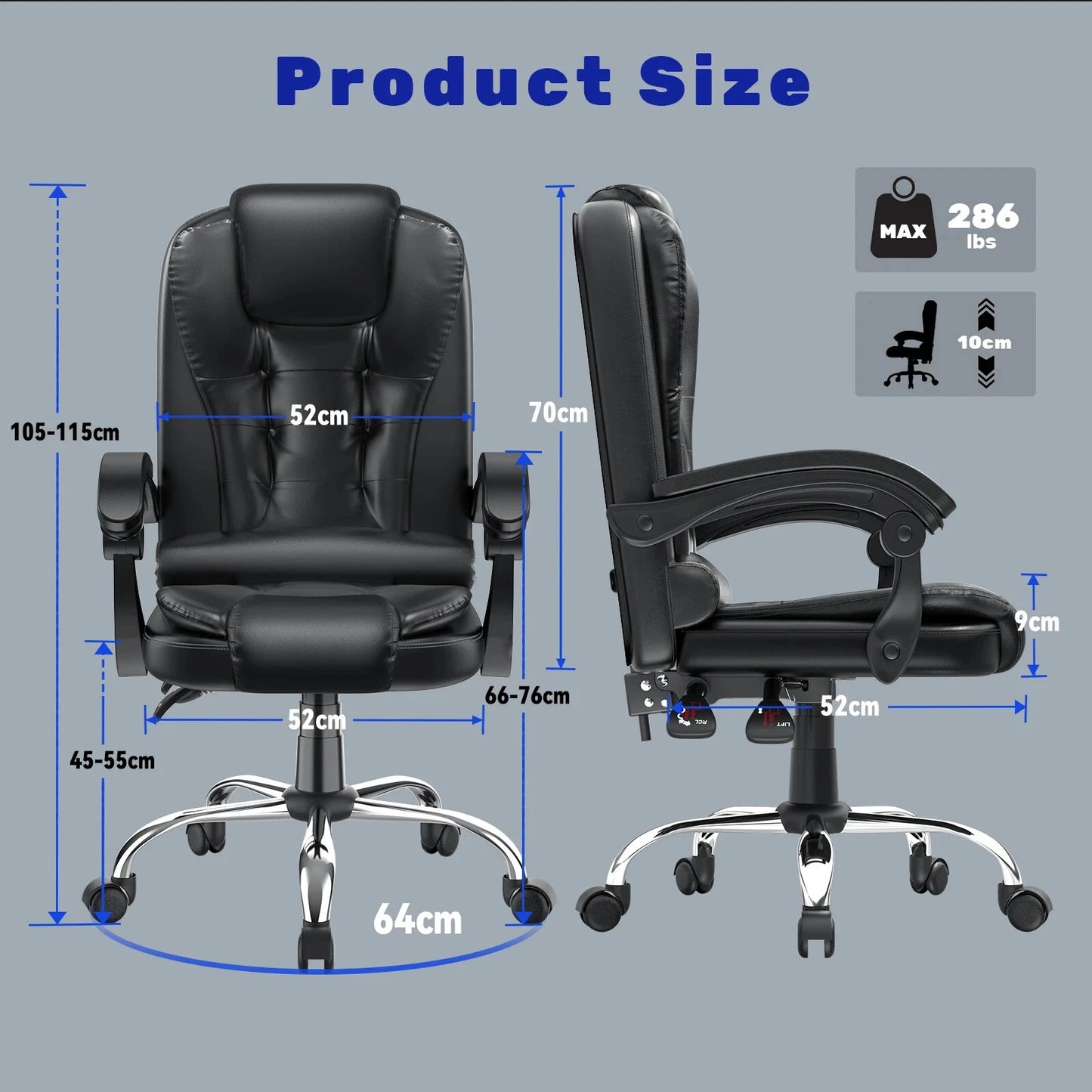 Ergonomische bureaustoel - Gaming stoel - Stoel - Kantoor - Wielen - Zwart