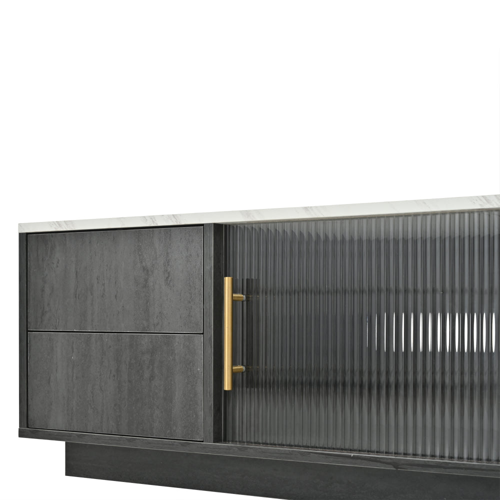 Modern Luxury TV Stand for 70-inch TVs Compatible for 165.1/190.5/177.8 cm Screens - Heavy-Duty Metal Frame with Marble-Patterned Tabletop, Cable Management System & Push-to-Open Drawers - Non-Wood Media Console for Large TVs