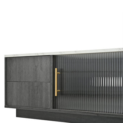 Modern Luxury TV Stand for 70-inch TVs Compatible for 165.1/190.5/177.8 cm Screens - Heavy-Duty Metal Frame with Marble-Patterned Tabletop, Cable Management System & Push-to-Open Drawers - Non-Wood Media Console for Large TVs