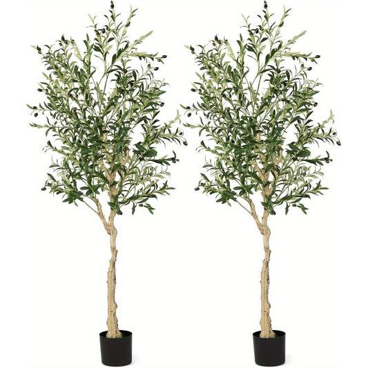 Artificial Olive Trees Set of 2, 182 Cm High Artificial Plant in Cement Pot, Houseplants with Natural Leaves, 72 Fruits, Large Artificial Trees for Office, Home