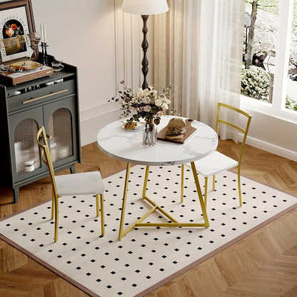 Eettafelset – Eettafel – Eetkamerset – Keukentafel – Zitgroep – Ronde Tafel 80 cm – 2 Gestoffeerde Stoelen – Gouden Metalen Frame – Wit MDF Tafelblad – Compact & Ruimtebesparend – Duurzaam Hout-Metaal