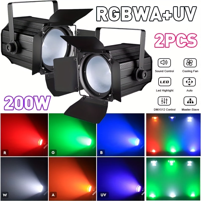 LED Stagelampen – Showspots – Podiumverlichting – DJ Lampen – LED Spots – 2-Pack 200W COB RGBWA+UV – DMX512 Met Barn Doors