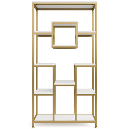 Golden & White 180.34cm Modern Tall Bookshelf - 11-Tier Large Heavy-Duty Bookcase with Geometric Cubed Design, Freestanding Open Shelving Unit, Sturdy Engineered Wood Construction, 68.58cm+ Height & 22.68 KG/Shelf Capacity, S