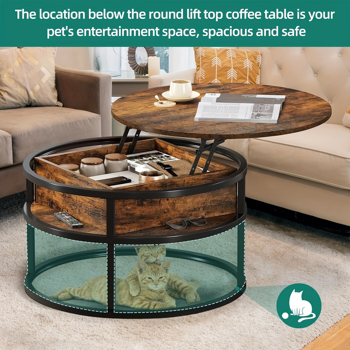 Ronde Salontafel – Koffietafel – Bijzettafel – Woonkamertafel – Opbergtafel – Met Verborgen Opbergruimte – Lift-Top Design – Geperst Hout Met Metaal