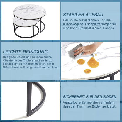 2-Delige Salontafel Set – Woonkamer Tafel – Balkon Tafel – Opbergtafel – Marmeren Tafel – Wit – Gouden Frame – Hoogglans Afwerking