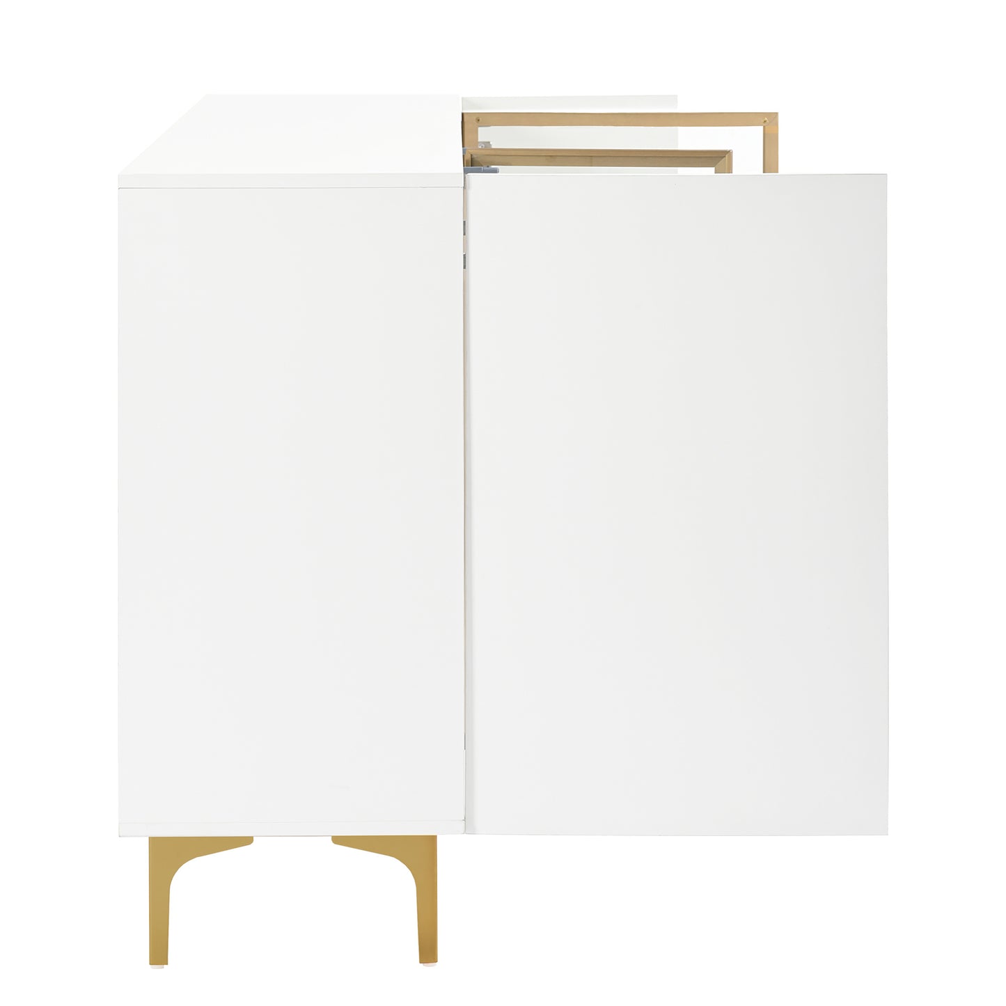 Sideboard – Dressoir – Buffetkast – Opbergkast – Kast – Modern Wit – Greeploos Design – Glasvitrine – Gouden Metalen Pootjes – 150x38x85 cm – MDF