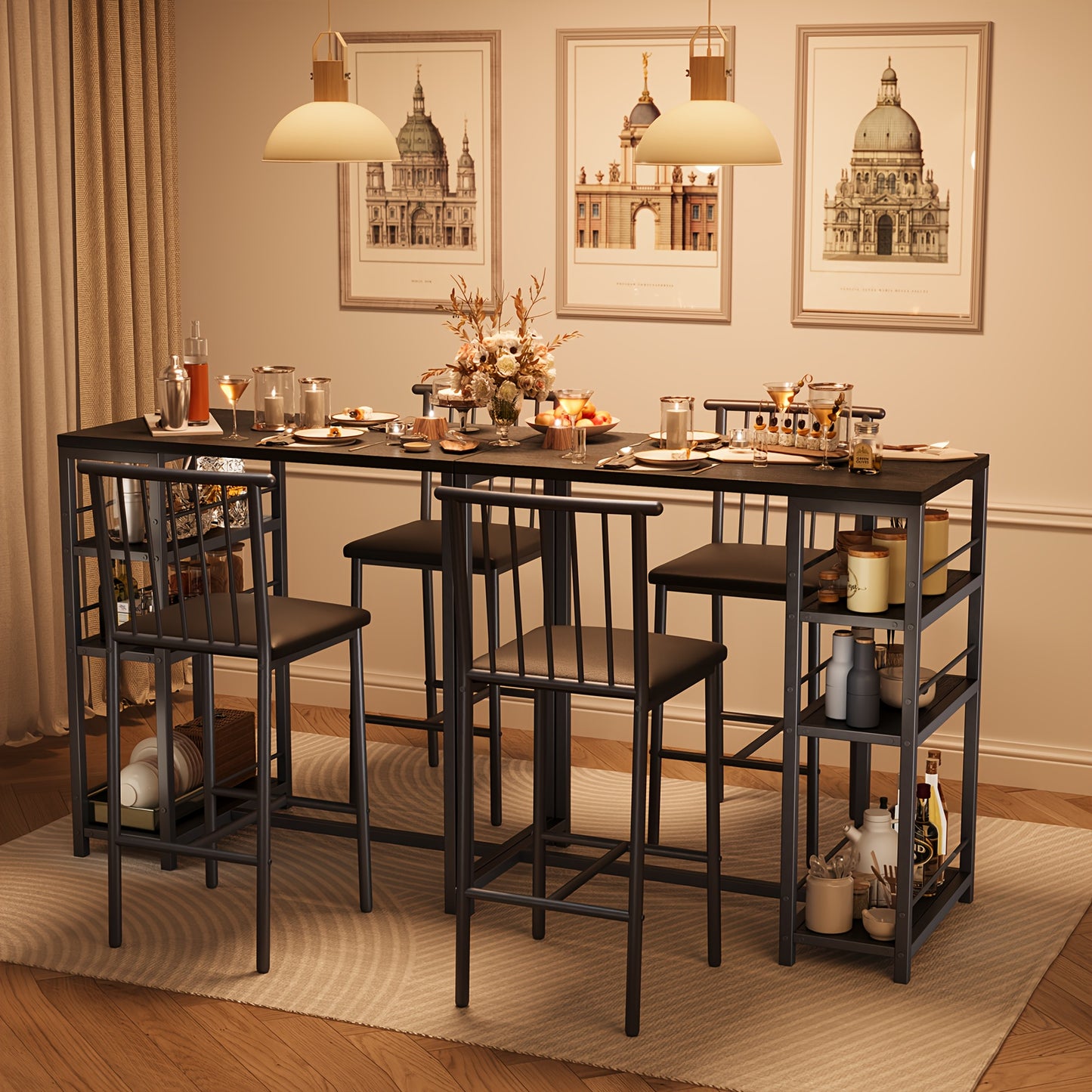 Eettafelset – Eethoek – Tafel met Stoelen – Meubelset – Diningset – Massief Hout & Kunstmatig Board – Klassiek Zwart-Grijs Design