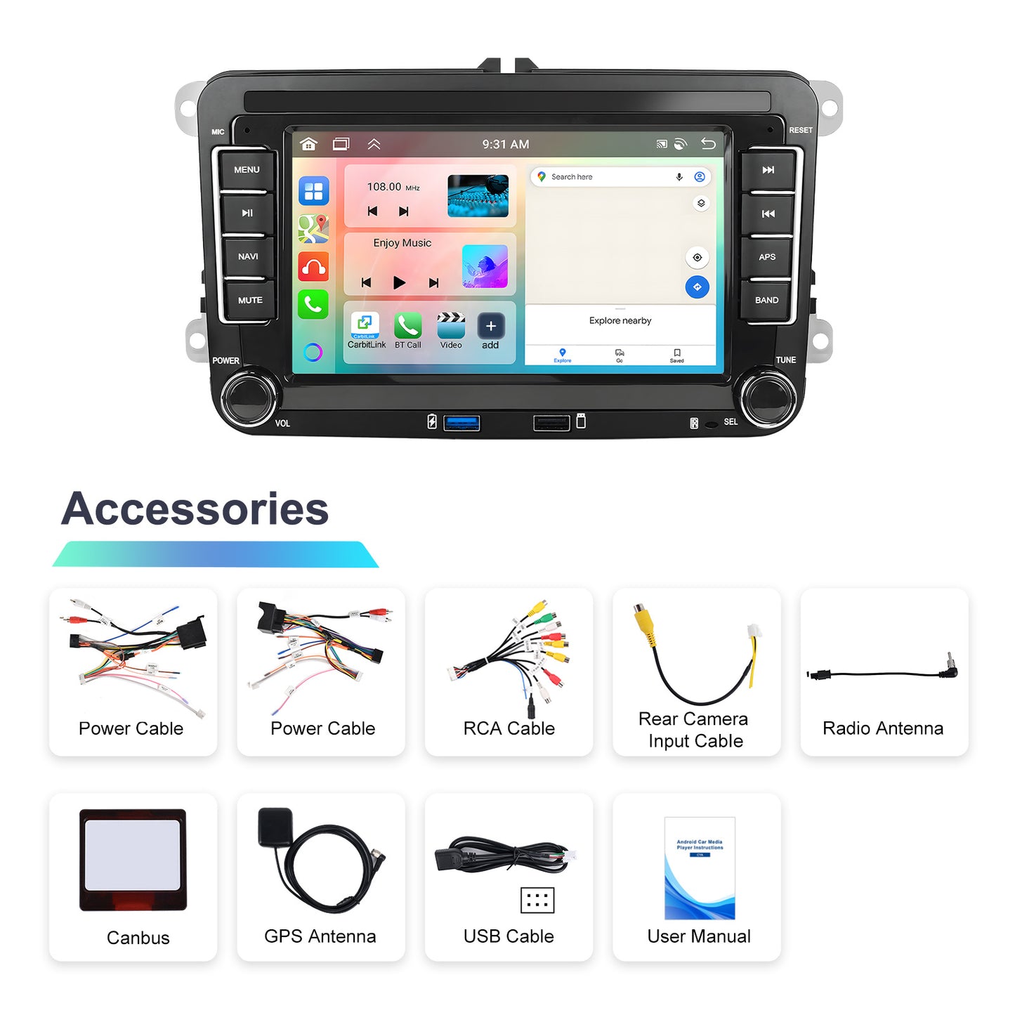 for Volkswagen Golf 5/6, Passat, EOS,, Jetta Android 13 Car Stereo with Wireless CarPlay, GPS Navigation, 7-inch Touchscreen, 1GB RAM/32GB ROM, Compatible for VW Vehicles (FM/RDS Radio, Wireless)