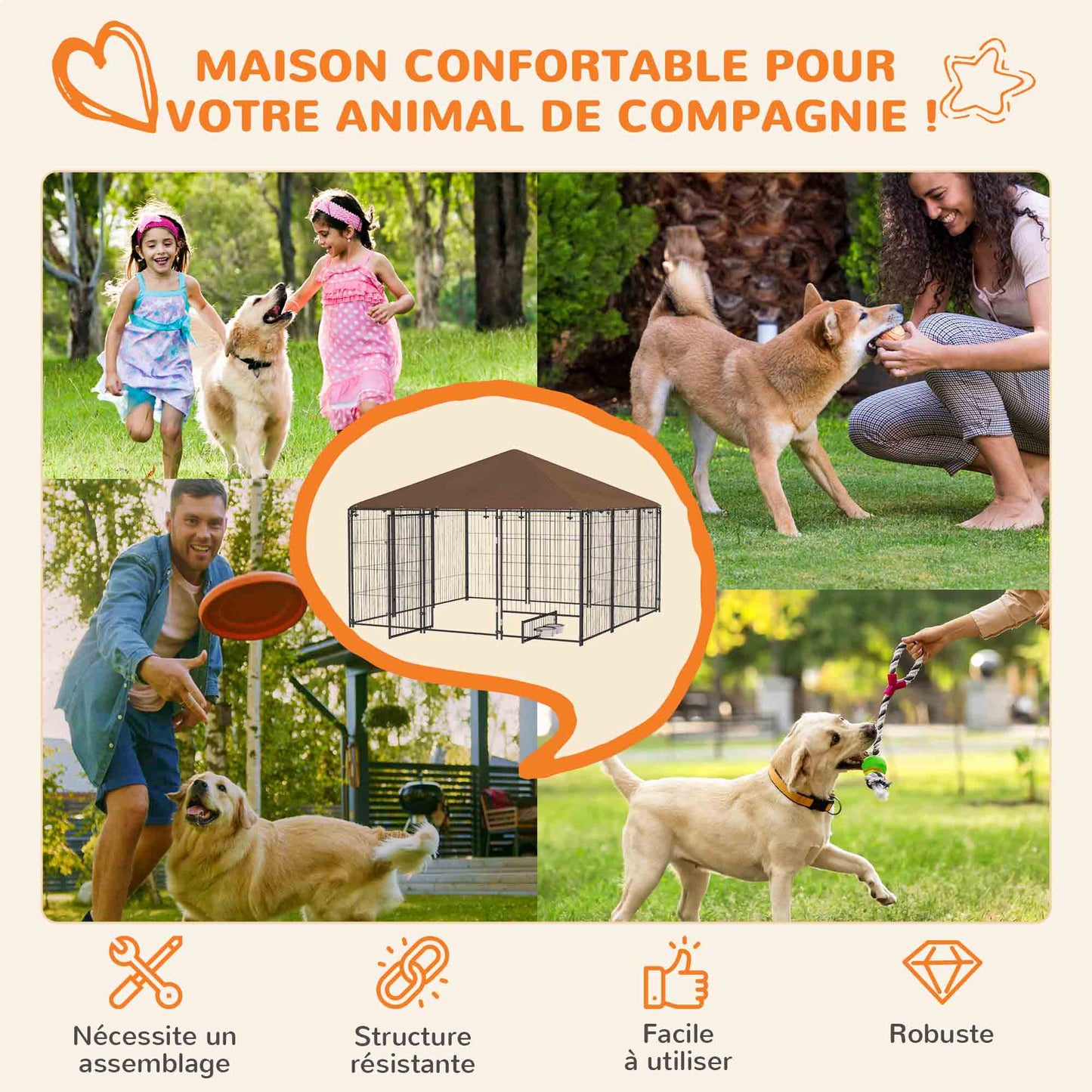 Buitenkennel Honden – Hondenren – Hondenhok – Hondenkooi – Buitenverblijf – Robuust Roestvrij Staal – Waterdicht Oxford Dak – Café Kleur – 211x211x151 cm – Veilig en Ruim