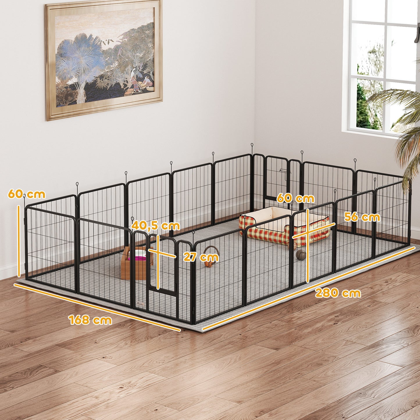 Dierenren – Hondenren – Puppyren – Kattenren – Buitenren – Zwart – Modulair 16 Panelen – Inklapbaar Met Dubbele Deuren – Stevig Met Grondpinnen 60 cm Hoog