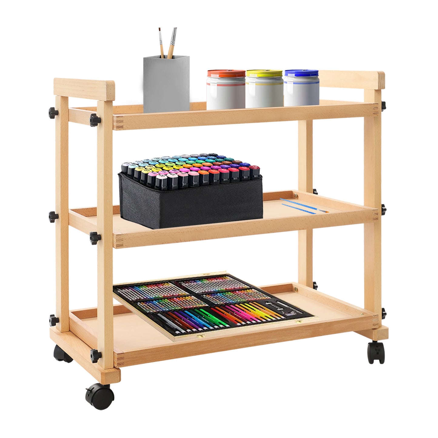 3-laags Kunstwagen – Kunstkar – Opberger – Trolley – Werkstation – Houten Planken – Metalen Frame – Mobiel met Remmen – Stevig & Ruim
